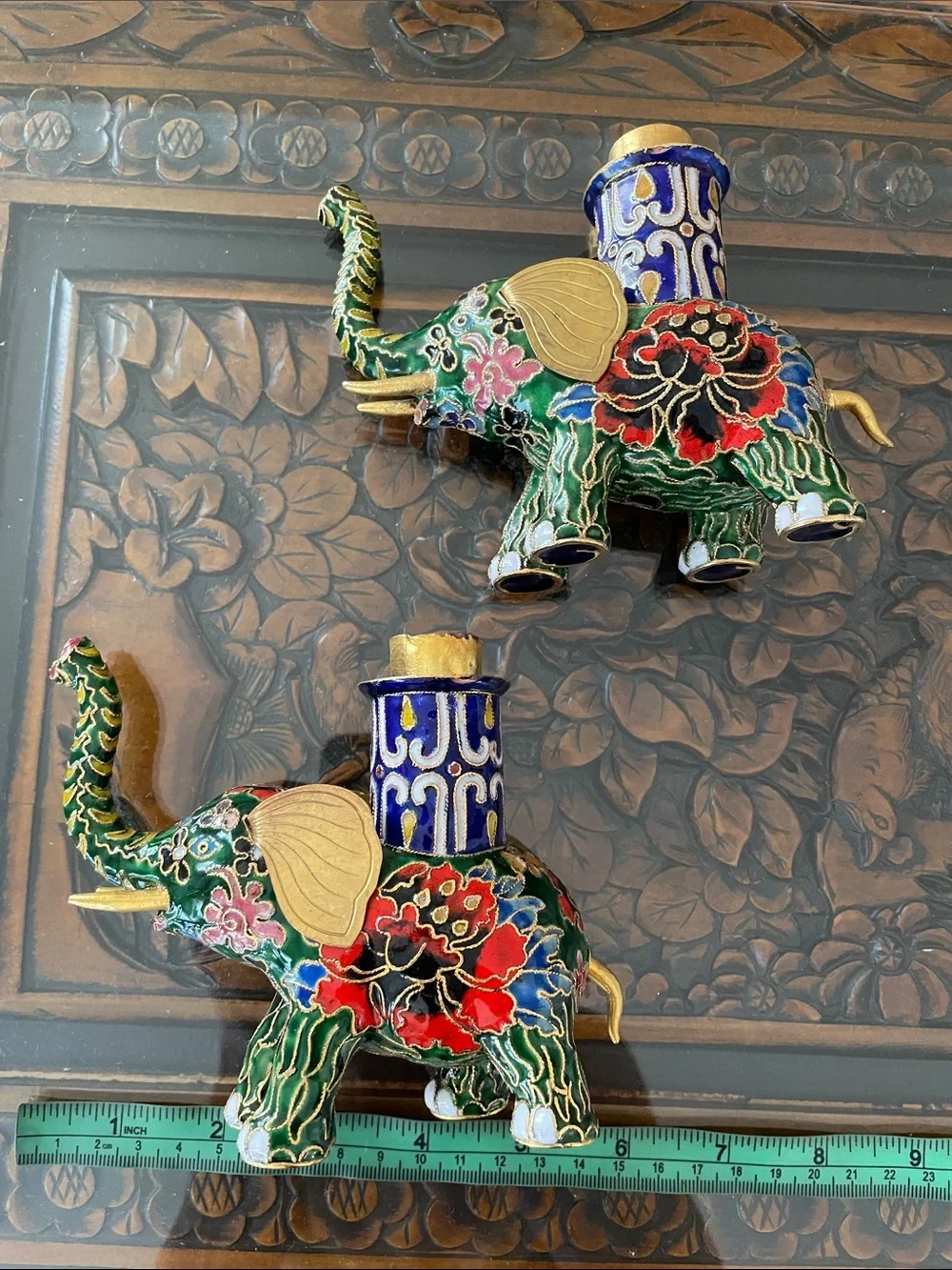 Vintage Pair of Chinese Cloisonne Elephant Candle Stick Holders